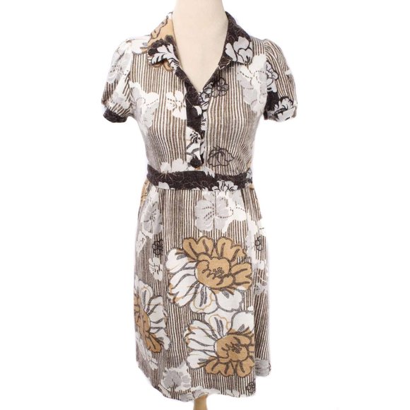 EVA FRANCO Brown Floral Tie Waist Wool Blend Retro Fit & Flare Dress Size 10 - Picture 2 of 6